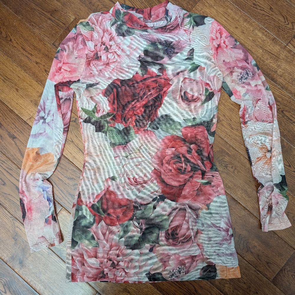 EUC Day & Night Sheer Floral Long Sleeve Top Shirt Mock Turtleneck Size Small